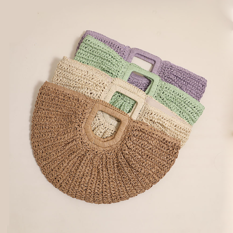 Halbmondförmige, einfarbige, gewebte Raffia-Tasche im Urlaubsstil für Damen h5Bild2