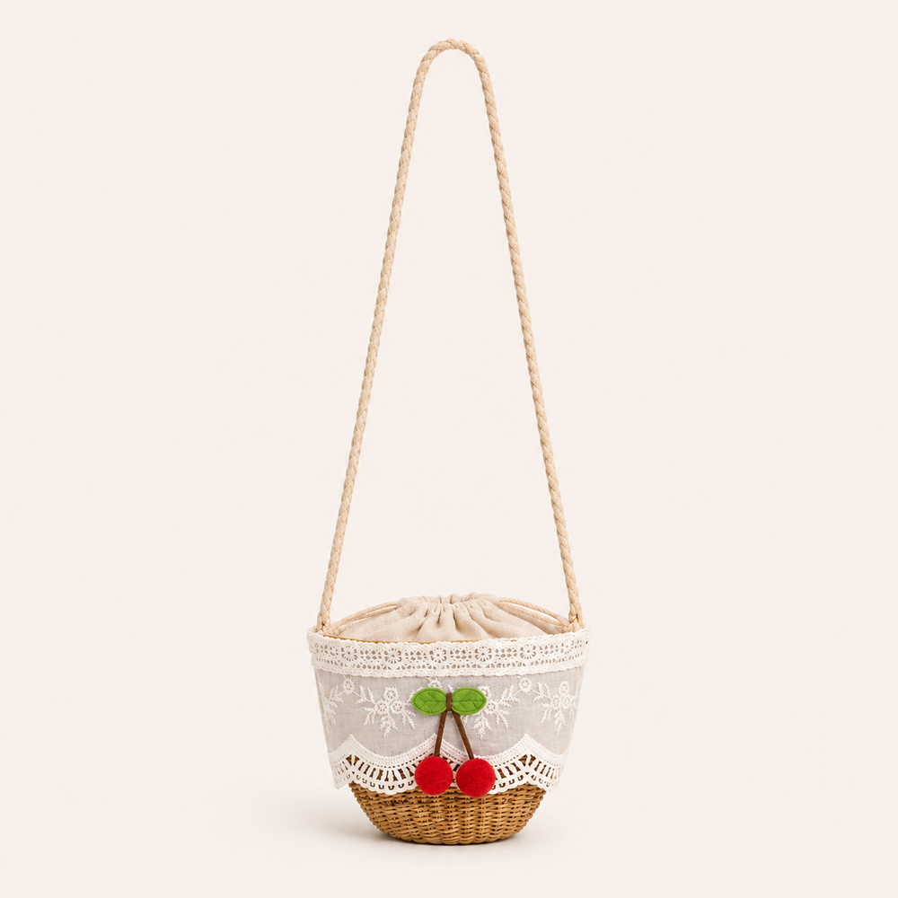 Lässige, bestickte, gewebte Schleife, Kirschrot, gewebtes Raffia, trapezförmige Damentasche h5Bild2