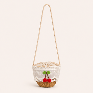 Lässige, bestickte, gewebte Schleife, Kirschrot, gewebtes Raffia, trapezförmige Damentasche h5 Bild2