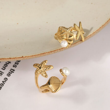 Vakantie Oceanische Stijl Roestvrijstalen Waterdichte Gouden Statement Ringen met Kunstparel