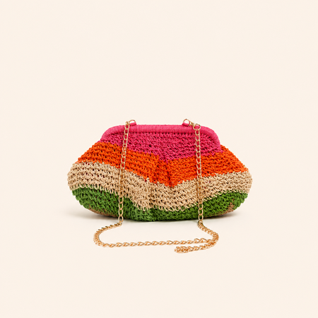 Kissenbeutel für Damen im lässigen Stil: Gewebter Streifen, durchbrochene Muster, mehrfarbiges, gewebtes Raffia-Material.