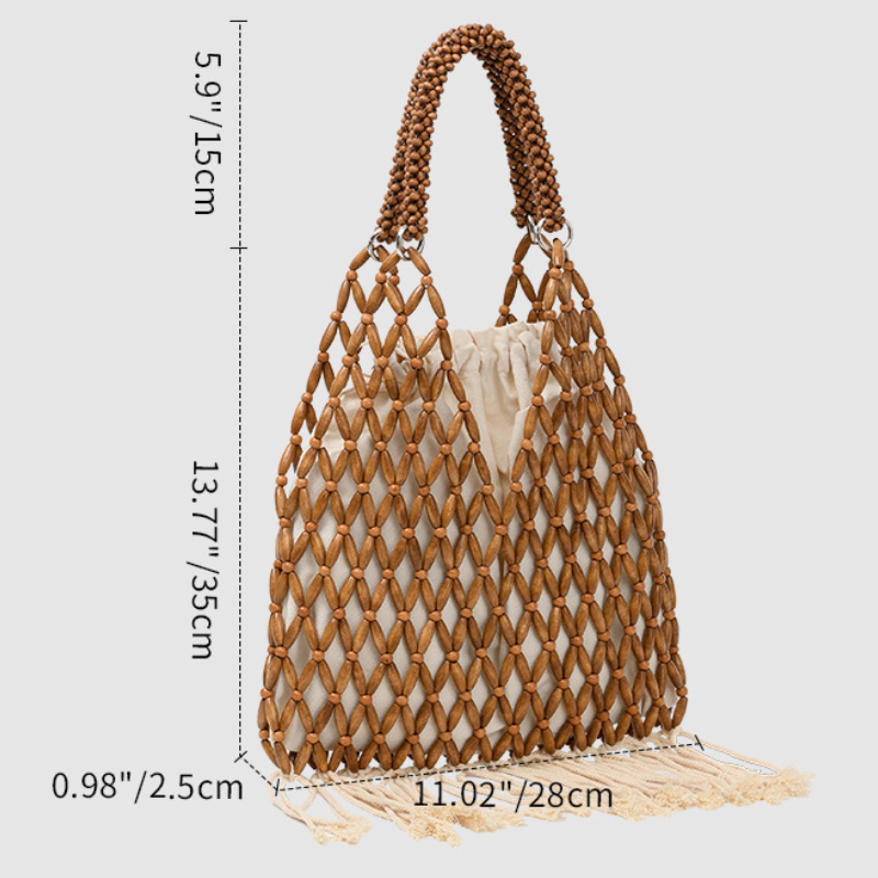 Quadratische Damentasche im Urlaubsstil mit Quasten, gewebt, einfarbig, mit Quastenperlen und durchbrochenem, gewebtem Holz h5Bild5