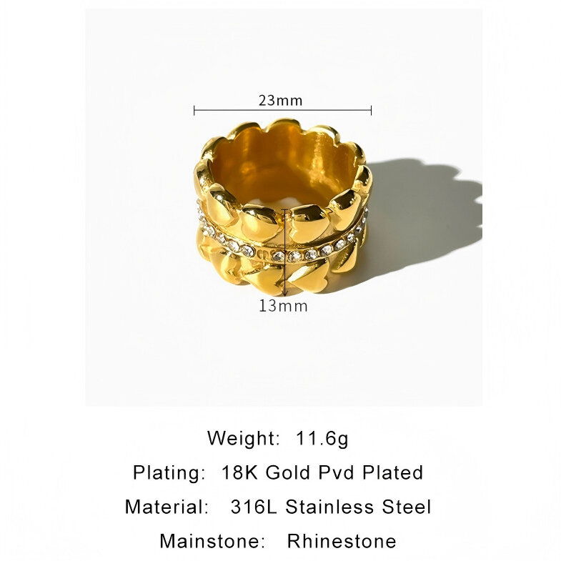 Anello retrò a forma di cuore in acciaio inossidabile color oro impermeabile con strass. h5 