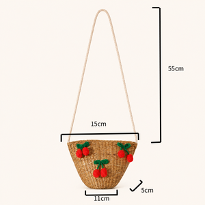 Lässige, bestickte, gewebte Schleife, Kirschrot, gewebtes Raffia, trapezförmige Damentasche h5 Bild4