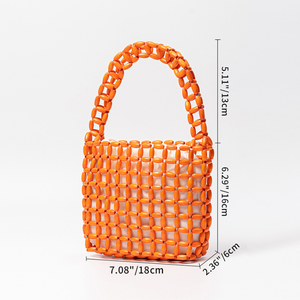 Casual stijl geweven vierkante tas van massief hout met kralen in effen kleur en uitgeholde details h5 Afbeelding7