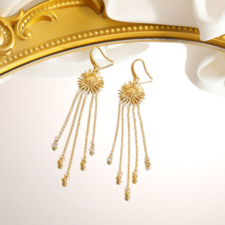 Sun Tassel Stainless Steel Waterproof Gold Color Rhinestone Women's Dangle Earrings
