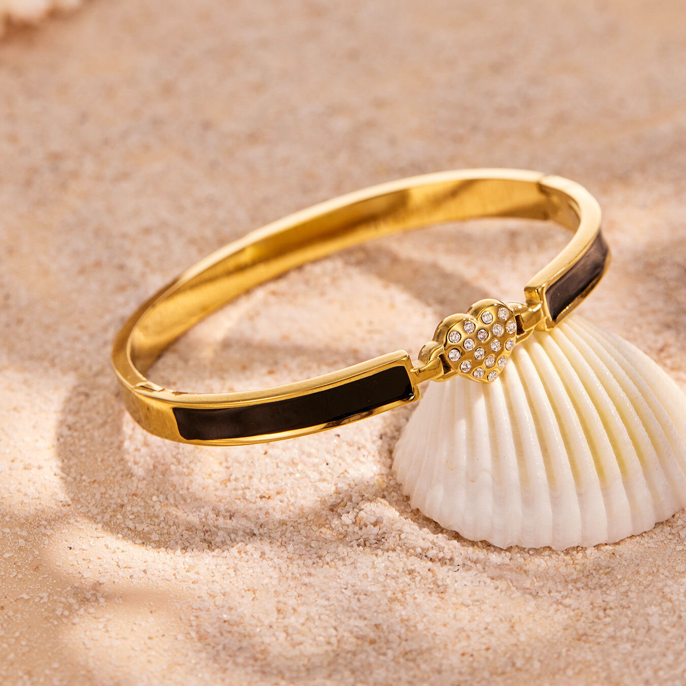 Classic Series Elegant Heart Stainless Steel Waterproof Gold Color Rhinestone Women's Bangles h5 Picture4