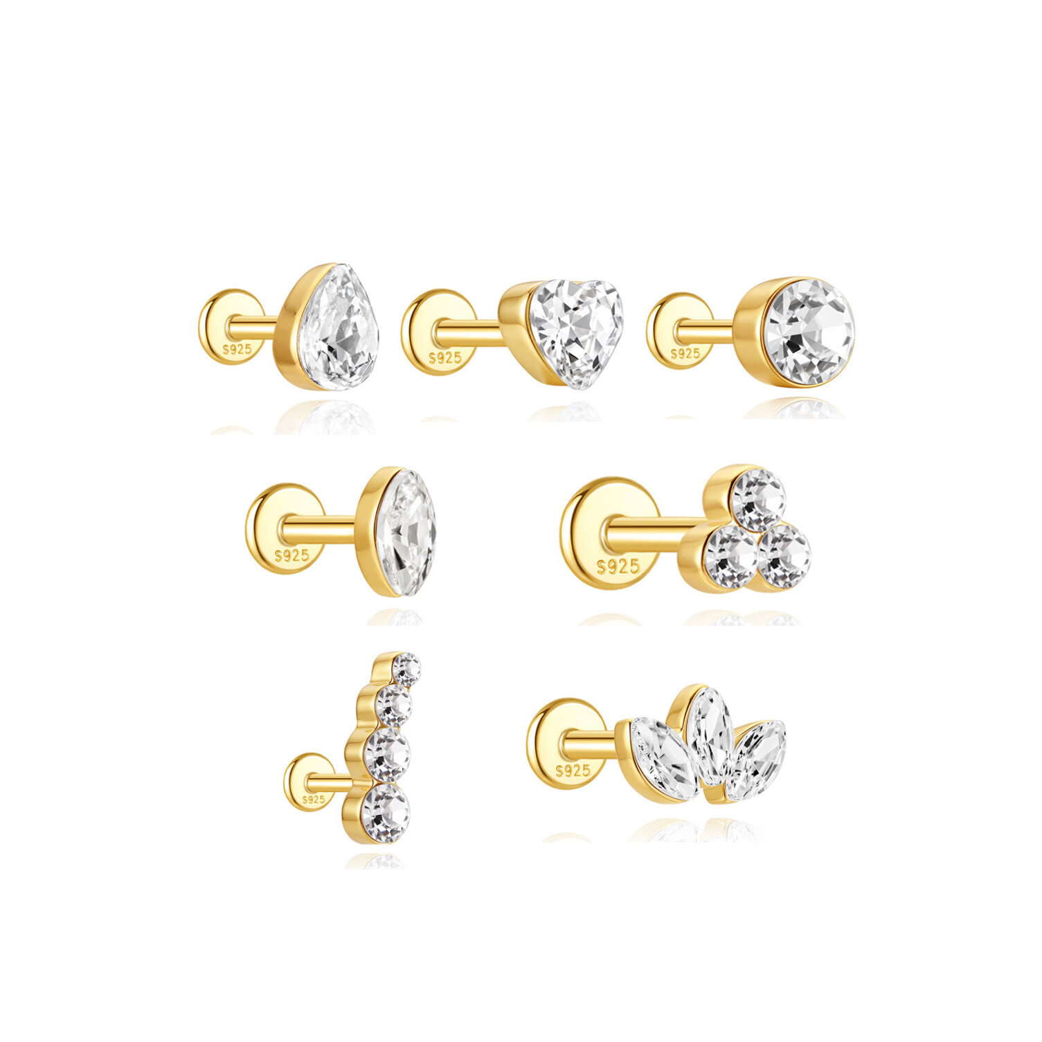 Simple Series Elegant Irregular Shape  Gold Color  Zircon Women's 925 Sterling Silver Color Earrings