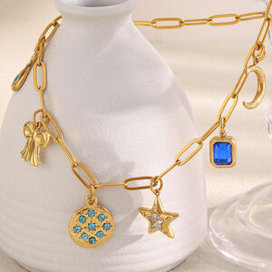 Bow Knot Star Moon Stainless Steel Waterproof Gold Color Zircon Women's Pendant Necklaces h5 Picture2