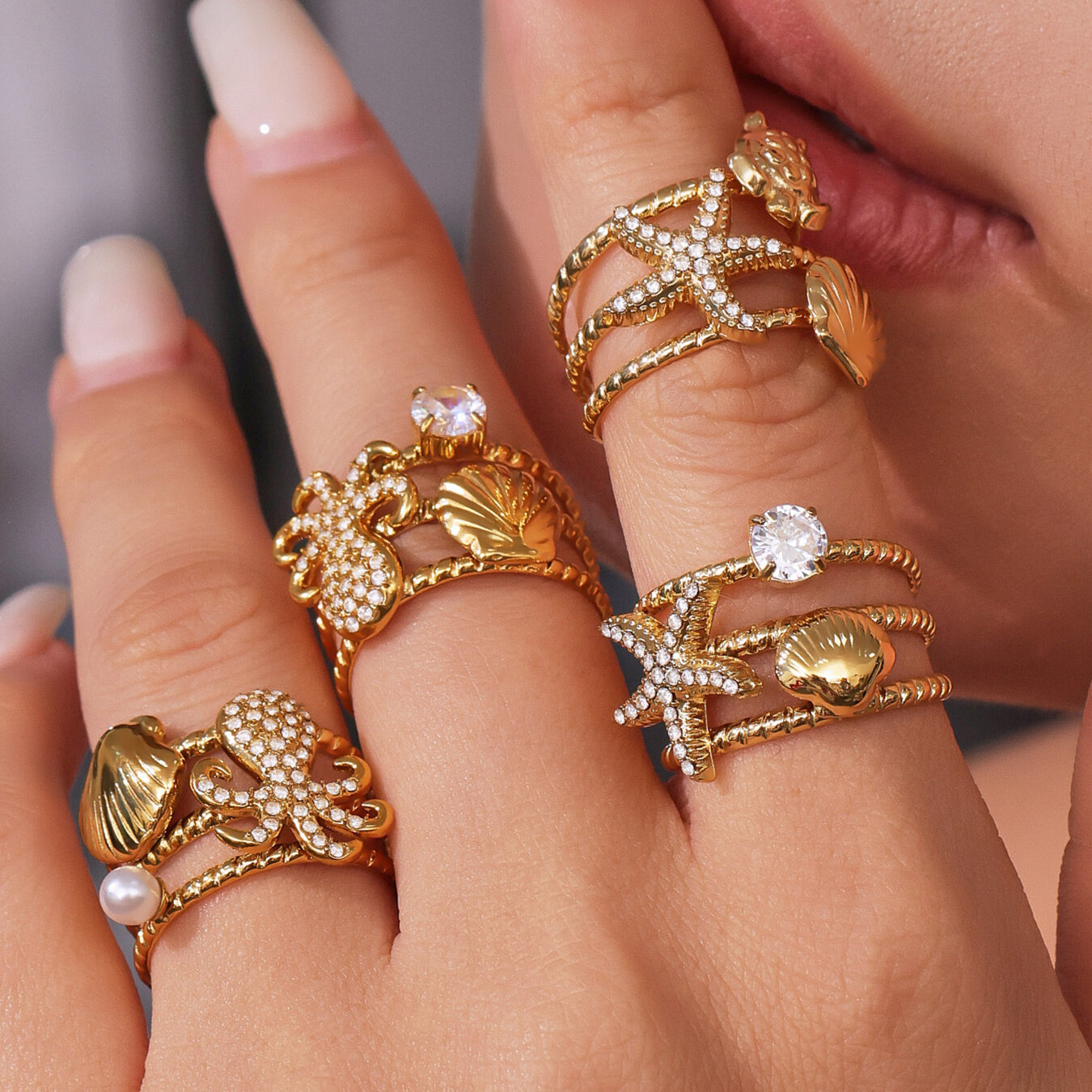 Oceanic Style Stainless Steel Waterproof Zircon Artificial Pearl Statement Rings h5 Picture4