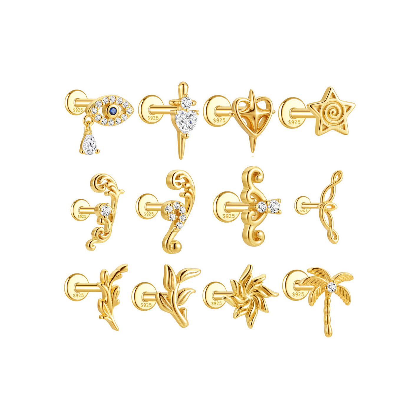 Simple  Elegant Devil's Eye Irregular Shape Plant  Gold Color  Zircon Women's 925 Sterling Silver Color Earrings