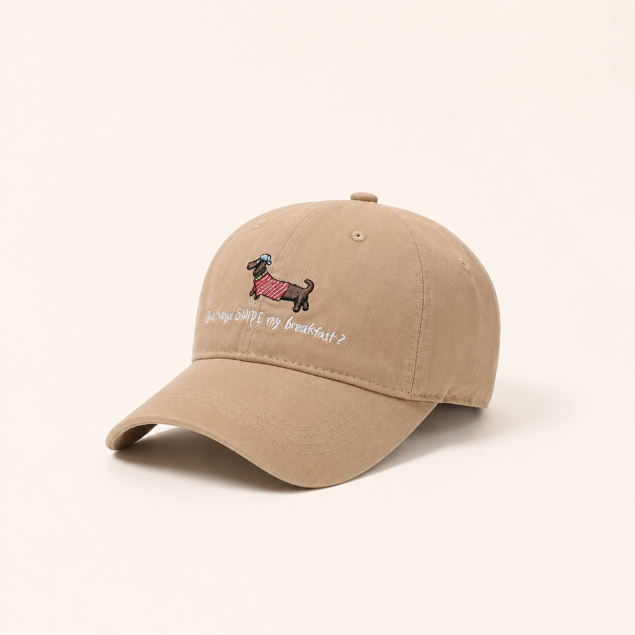 Gorra de béisbol de algodón de color liso con estampado de perro salchicha y letras de la serie Simple.