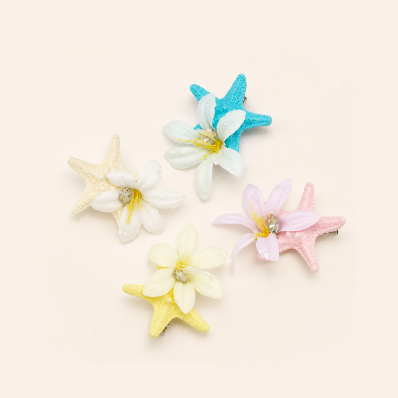 Pinzas para el cabello de tela acrílica con estampado de flores y estrellas de mar, de la serie romántica "Vacaciones". h5 Imagen2