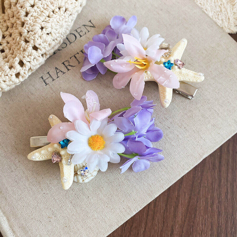 Pinzas para el cabello de mujer de tela con diseño de flor y estrella de mar de la serie Simple Imagen2