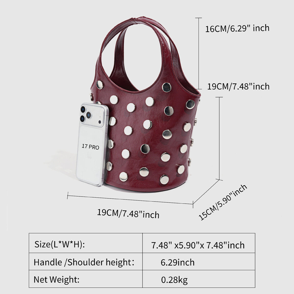 Bolso de cubo para mujer de PU con remaches y estilo streetwear h5 
