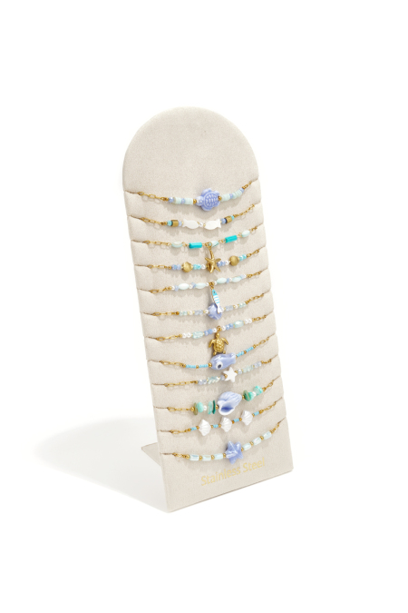 Bracelet set on display in various colors beach theme