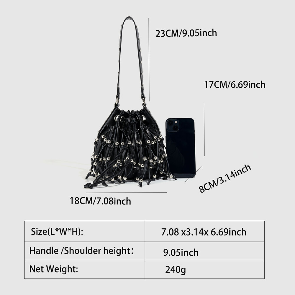 Streetwear Style Studded Tassel Rivet Pu Women's Bucket Bag