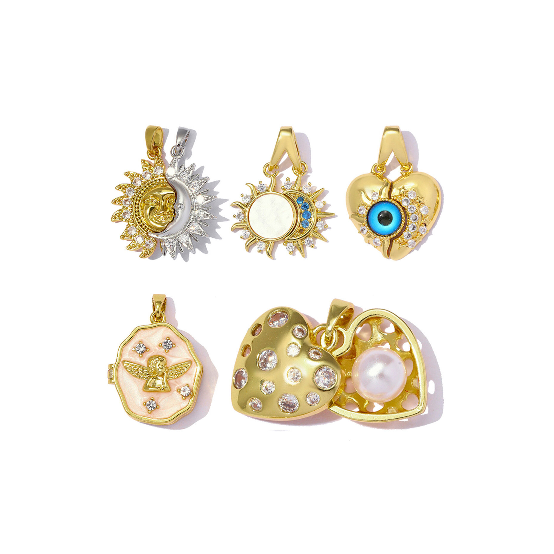 Classic Series Diy Heart Sun Moon Copper   Gold Color  Zircon Women's Pendants