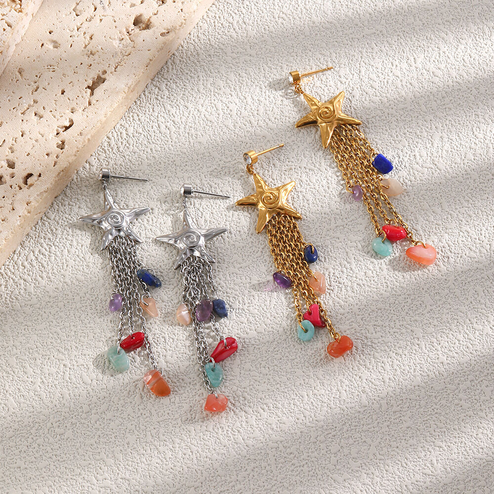 Boucles d'oreilles pendantes pour femme, collection romantique, motif étoile de mer et pompon, en acier inoxydable étanche, couleur or.