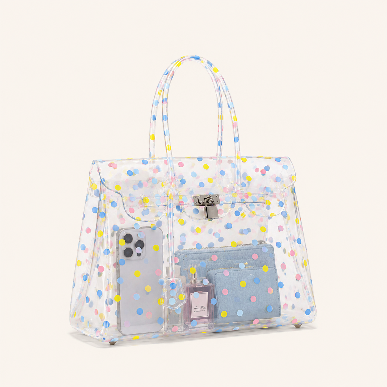 Sac carré femme en PVC transparent à pois multicolores et détails métalliques, style décontracté 2