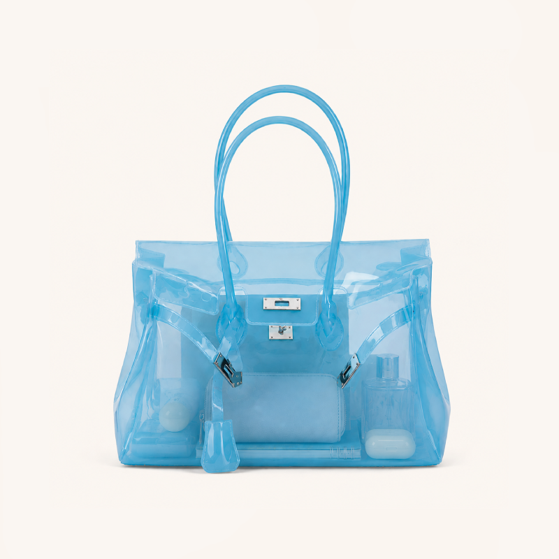 Sac carré femme en PVC transparent uni avec détails métalliques et fermetures métalliques, style décontracté. Image2