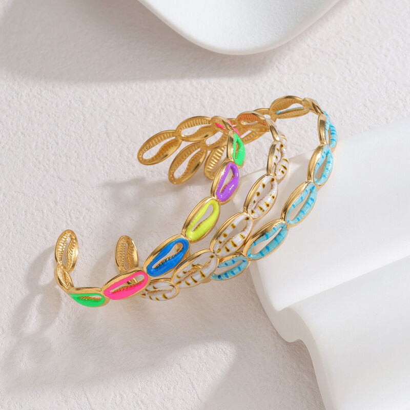 Vacation Oceanic Style Enamel Shell Stainless Steel Waterproof Gold Color Women's Cuff Bracelets 2