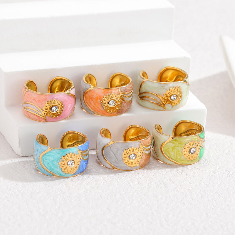 Enamel Flower Stainless Steel Waterproof Rhinestone Statement Rings h5Picture2