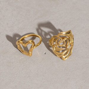 Romantic Series Retro Flower Heart Stainless Steel Waterproof Gold Color Statement Rings h5 Picture3