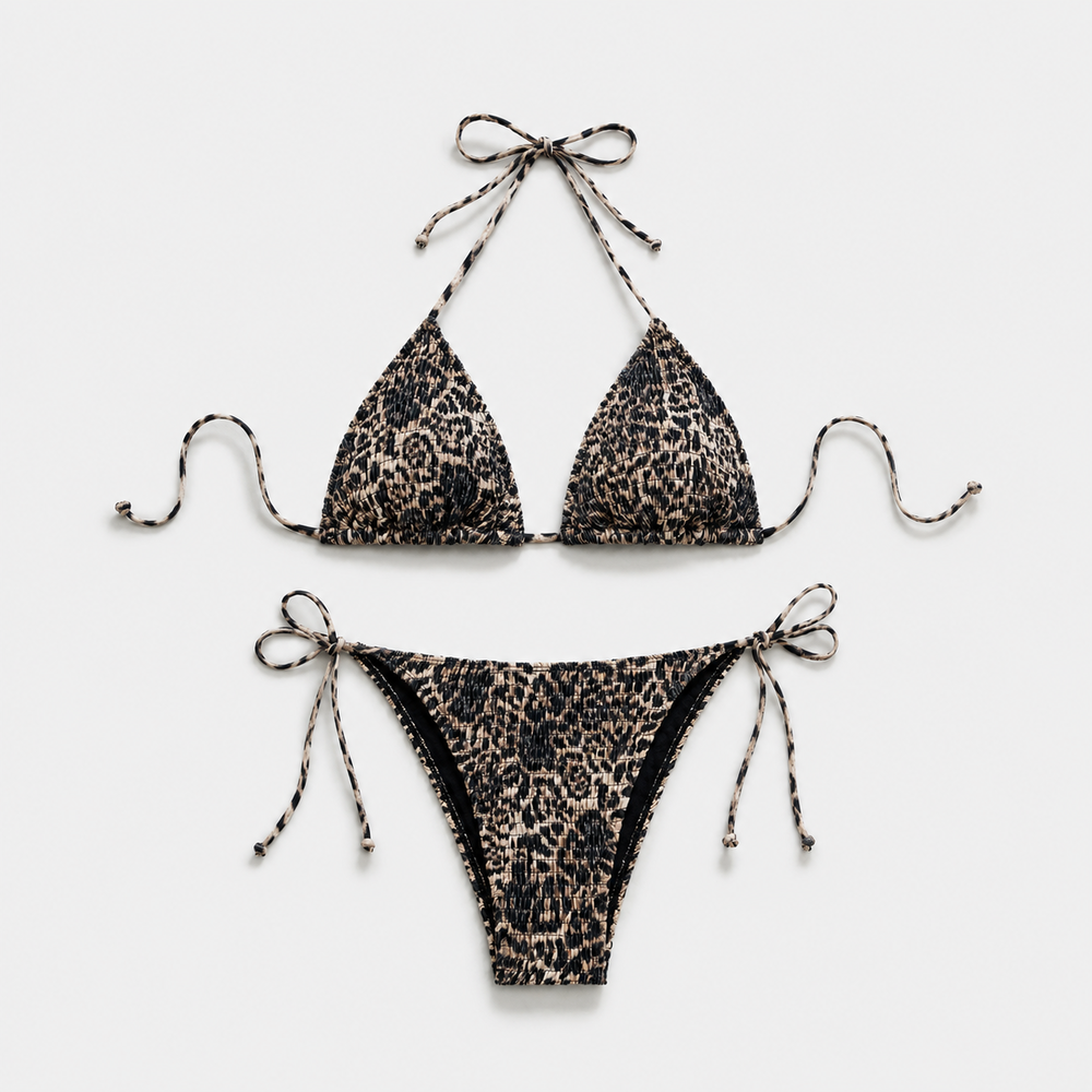 Ensemble bikini élégant à imprimé léopard et bretelles nouées