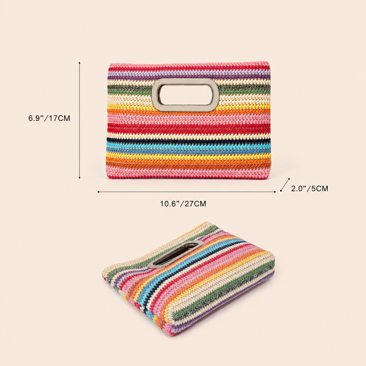 Borsa quadrata da donna in rafia a righe intrecciate, stile casual, colori misti. h5 Immagine6