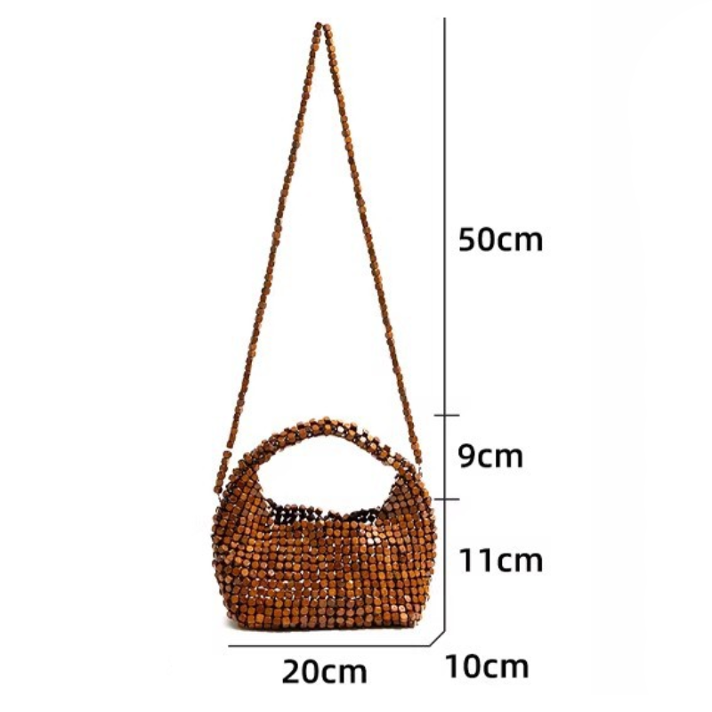 Bolso de mano para mujer de madera tejida ahuecada con cuentas de color liso estilo Old Money h5 Imagen6