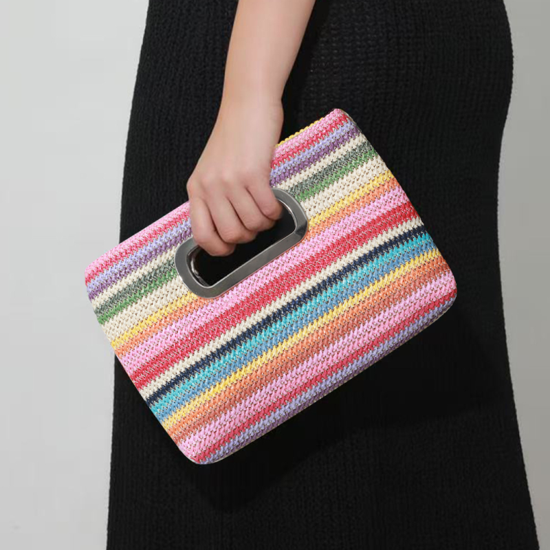Sac carré pour femme en raphia tissé à rayures multicolores, style décontracté 2