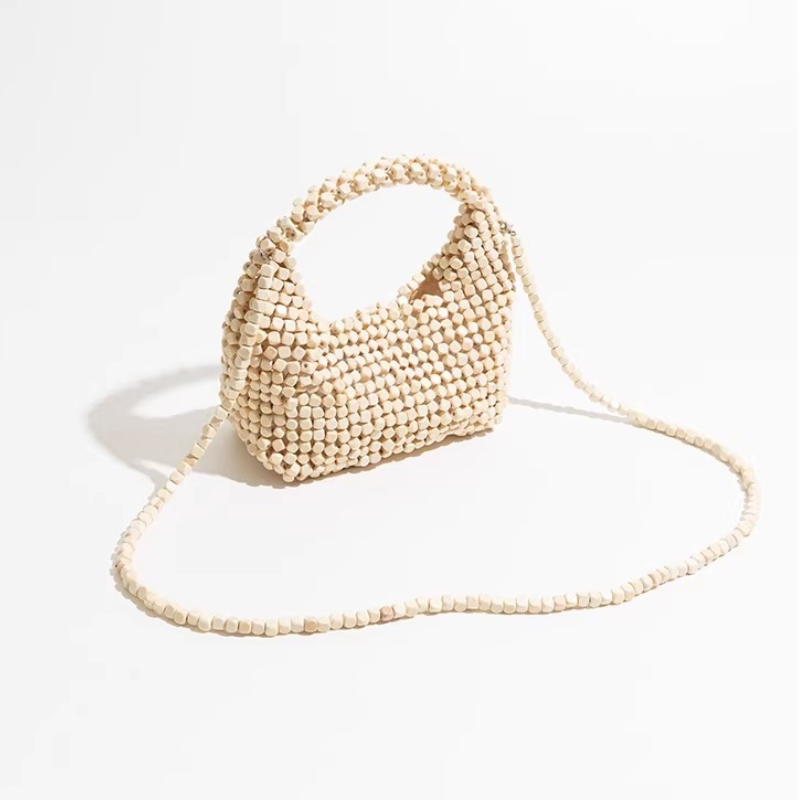 Bolso de mano para mujer de madera tejida ahuecada con cuentas de color liso estilo Old Money Imagen5