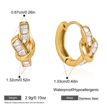 Luxurious Elegant Irregular Shape Twist Stainless Steel Waterproof   Gold Color  Zircon Women's Hoop Earrings