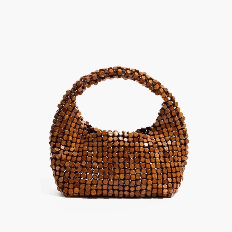 Bolso de mano para mujer de madera tejida ahuecada con cuentas de color liso estilo Old Money h5 