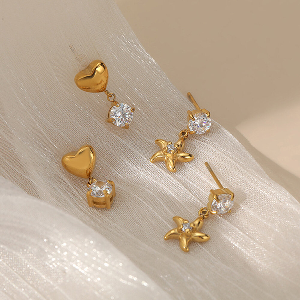 Simple Heart Star Stainless Steel Waterproof Gold Color Zircon Women's Drop Earrings Picture2