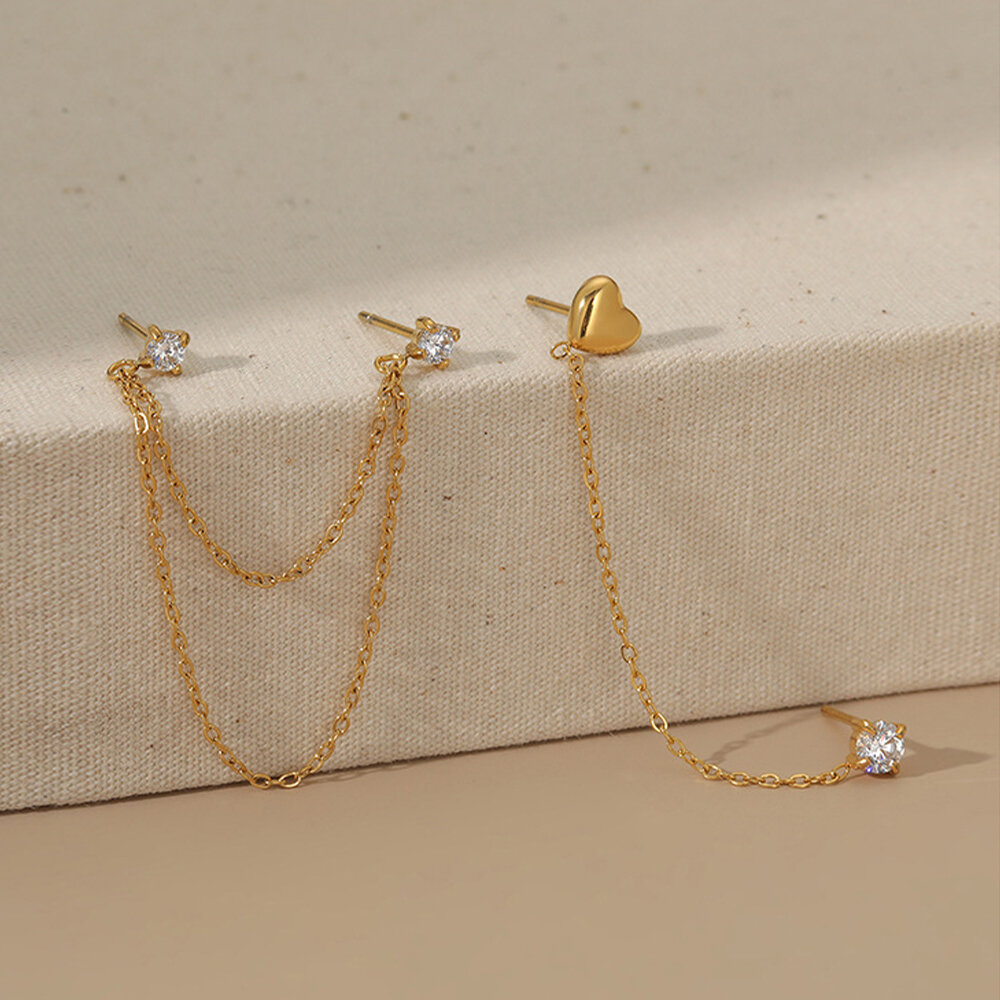Simple Heart Tassel Stainless Steel Waterproof Gold Color Zircon Women's Stud Earrings Picture3