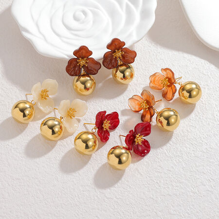 Orecchini pendenti da donna della serie Romantic Sweet Flower in acrilico color oro. 2