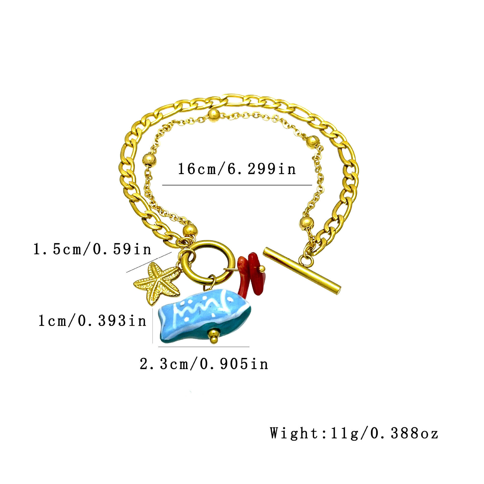 Bracelets à breloques pour femmes, style océanique, en céramique, avec poissons et étoiles de mer, en acier inoxydable étanche, couleur or. 