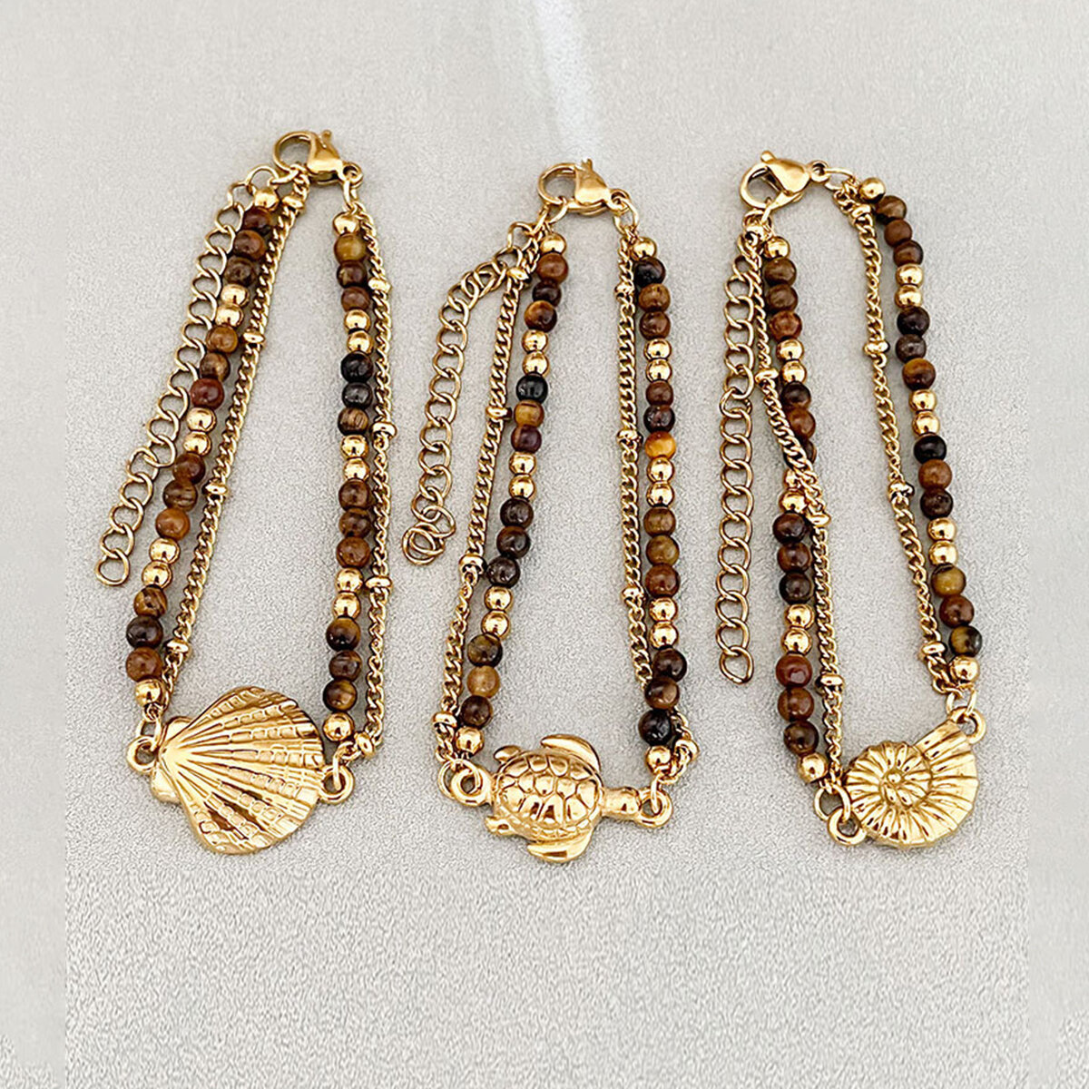 Pulseras de mujer con cuentas de piedra natural, estilo retro oceánico, de acero inoxidable, impermeables y de color dorado. 2