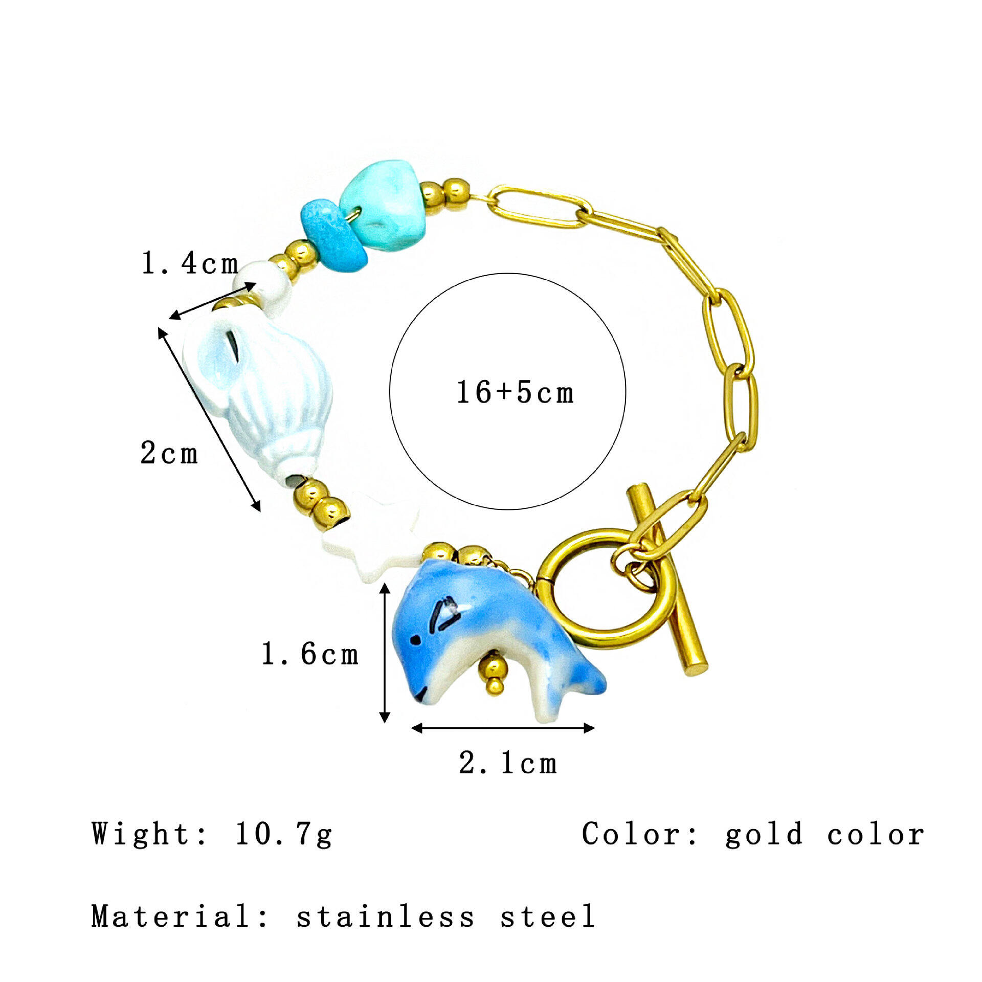 Bracelets à breloques pour femmes, style océanique, en céramique, avec poissons, en acier inoxydable, étanches, couleur or 