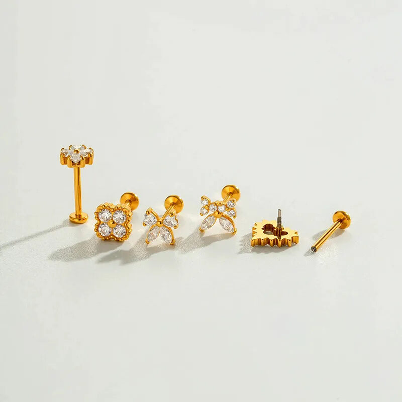 Boucles d'oreilles piercing femme, motif fleur, cœur, nœud papillon et étoile, en acier inoxydable étanche, couleur or, zircon.