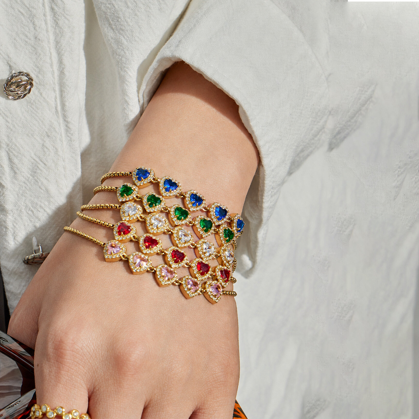 Luxurious Series Sweet Heart Patchwork Stainless Steel Waterproof Zircon Women's Chain Bracelets