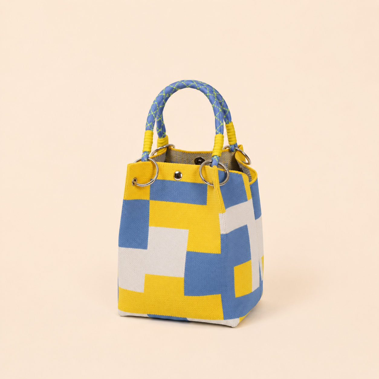 Borsa quadrata da donna in poliestere con motivo floreale intrecciato, fiocco con lettere, stile casual, righe, quadri, pois, pesci intrecciati in colori misti e traforati, forma geometrica. 2
