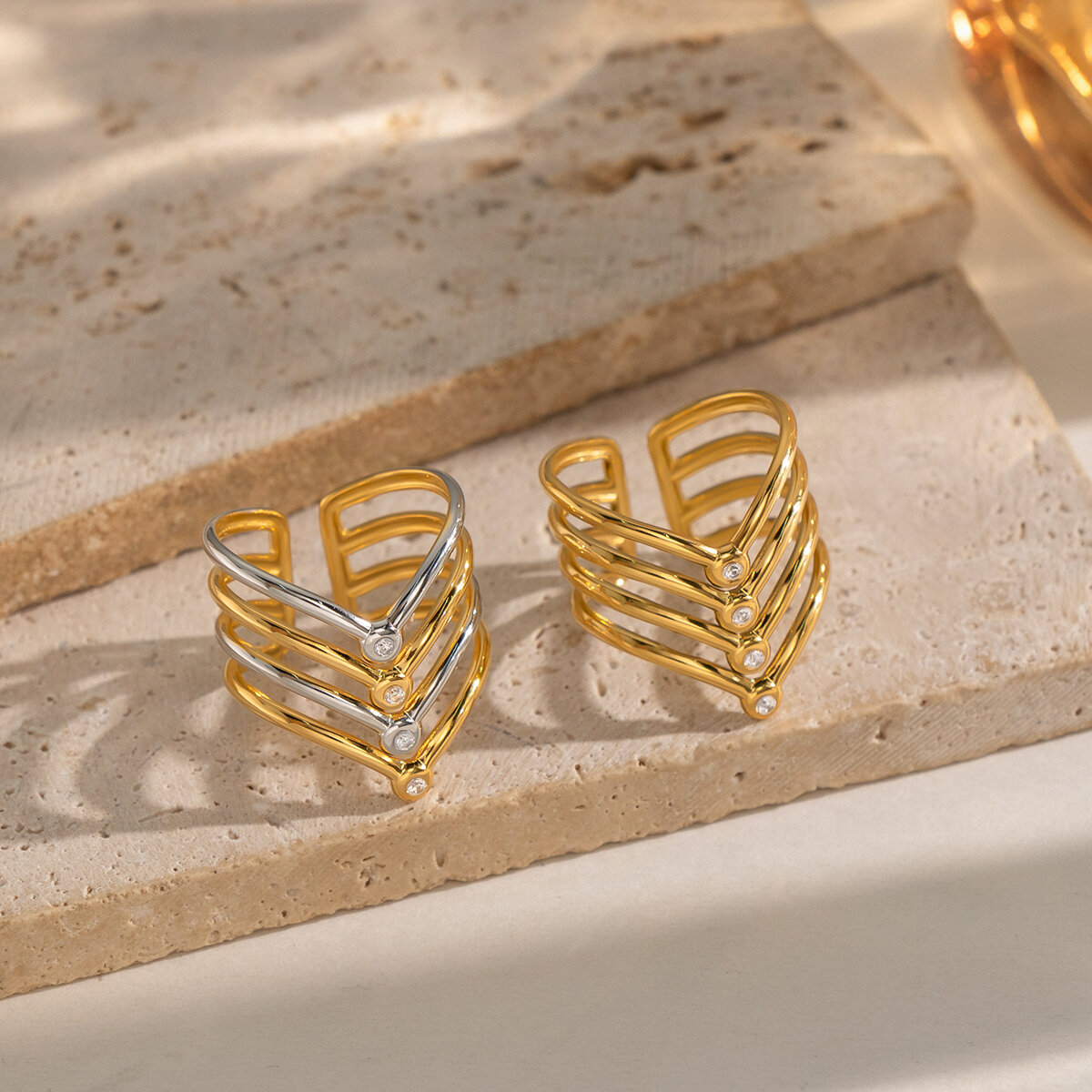Triangle Stainless Steel Waterproof Gold Color Rhinestone Statement Rings Picture6