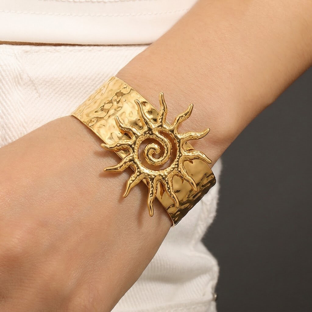 Sun Shape Stainless Steel Waterproof Gold Color Women's Cuff Bracelets Picture2