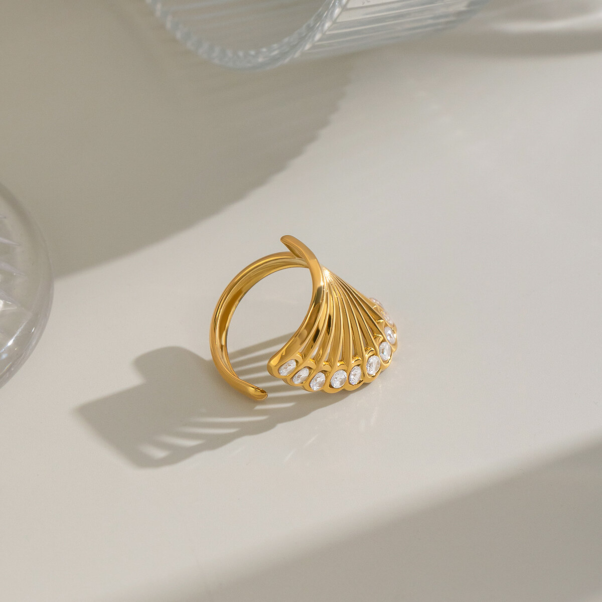 Fan-shaped hollowing Out Stainless Steel Waterproof Gold Color Statement Rings Picture4