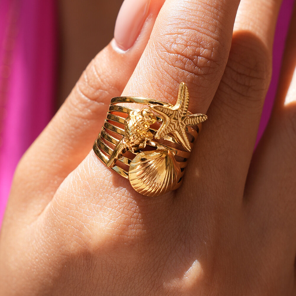 Ocean Series Daily Shell Starfish Stainless Steel Waterproof Gold Color Statement Rings h5Picture2