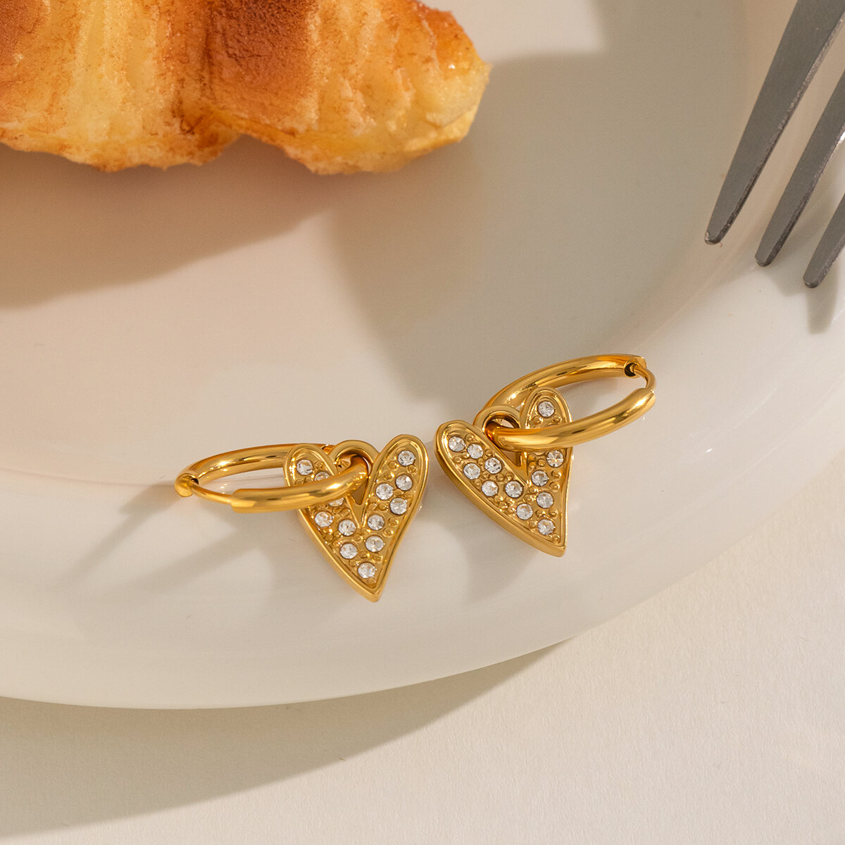 Heart Stainless Steel Waterproof Gold Color Rhinestone Women's Drop Earrings h5 Picture4