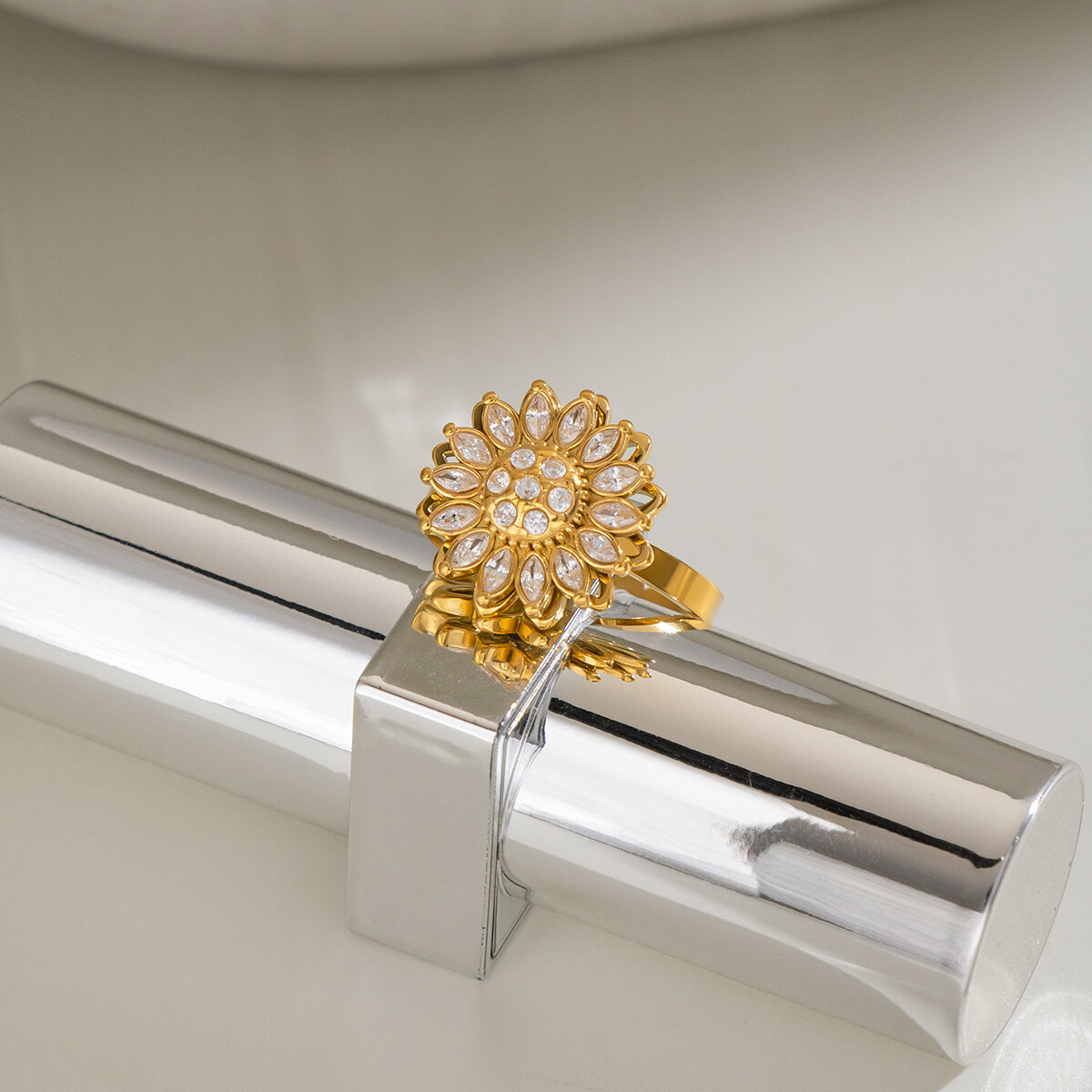 Luxury Series Flower Stainless Steel Waterproof Gold Color Zircon Gemstone Rings h5 Picture3